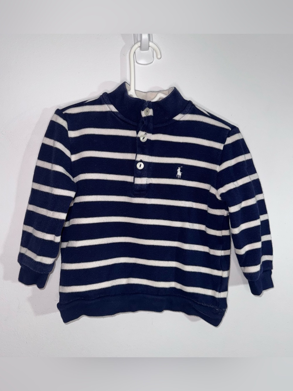 Ralph Lauren Baby Boys 24M Navy Cream Striped Mock Neck Pullover Preppy Sweater